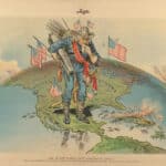Early 20th century cartoon depicting an “Uncle Sam” carrying a cannon and multiple US flags, stepping over Texas in a map of the hemisphere, and looking down to Central and South America in a reflexive way. Cartoon by Victor Guillam/Cornell University.