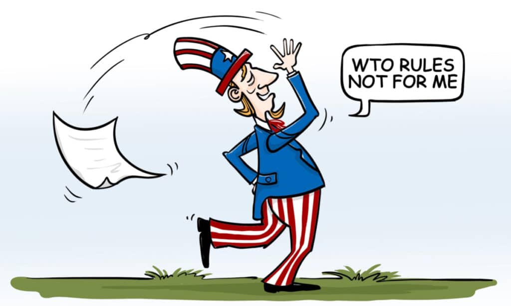 Cartoon showing Uncle Sam walking around throwing a paper and saying "WTO rules are not for me." Photo: Chen Xia/GT.