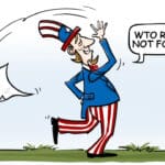 Cartoon showing Uncle Sam walking around throwing a paper and saying "WTO rules are not for me." Photo: Chen Xia/GT.