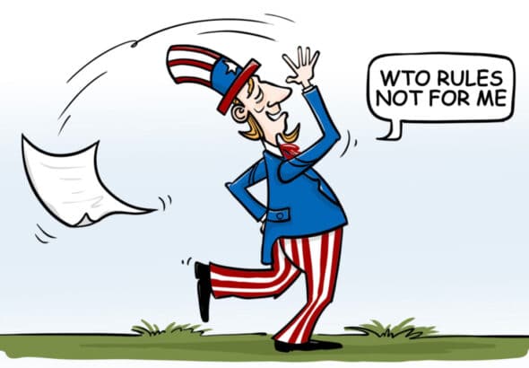Cartoon showing Uncle Sam walking around throwing a paper and saying "WTO rules are not for me." Photo: Chen Xia/GT.