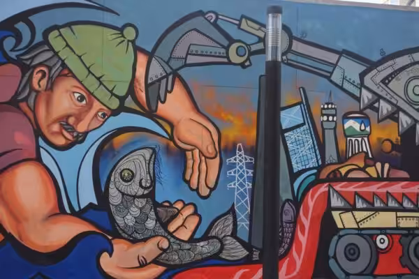 Mural by the Ramona Parra Brigade, muralist collective at the Gabriela Mistral Cultural Center, GAM, Santiago de Chile. Photo: Hanne Therkildsen.