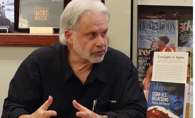 Arnold August speaks at an event for his book Cuba-US Relations: Obama and Beyond. Photo:Jon Flanders.