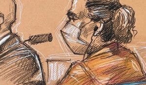 A sketch of Alex Saab's first court hearing in the United States, December 6, 2021. Photo: Daniel Pontet via Reuters/File photo.