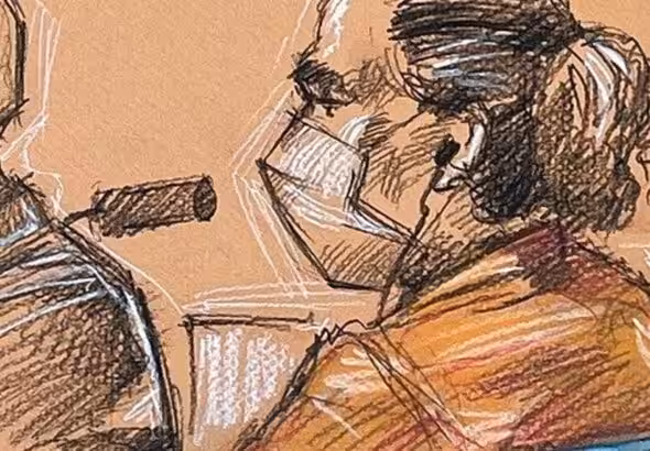 A sketch of Alex Saab's first court hearing in the United States, December 6, 2021. Photo: Daniel Pontet via Reuters/File photo.