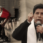 Ousted president of Peru, Pedro Castillo, with an image of clashes between protesters and police after he was removed in a parliamentary coup. Photo: Infobae.