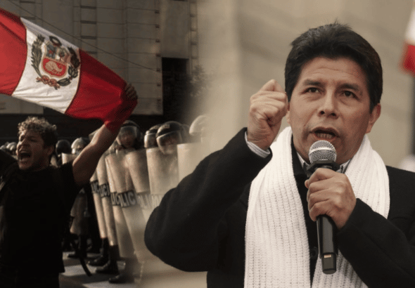Ousted president of Peru, Pedro Castillo, with an image of clashes between protesters and police after he was removed in a parliamentary coup. Photo: Infobae.