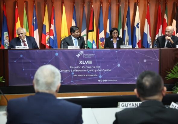 Venezuelan Vice President Delcy Rodríguez participates in a forum on regional development and integration mechanisms of the Regular Session of the Latin American and Caribbean Council. Photo: Twitter/@ViceVenezuela.