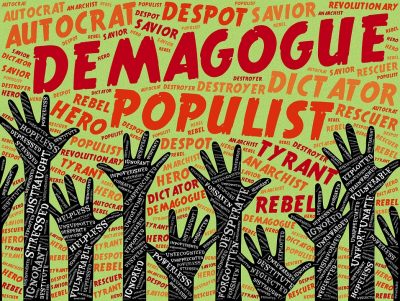 Photo composition showing hands with captions of desperation like "stressed, helpless, powerless, ignored, destitute, vulnerable," among many others. In a background with more captions but now highlighting ruling elements like "demagogue, populist, hero, autocrat, dictator, anarchist, rebel, savior," among others. Photo: Global Research.