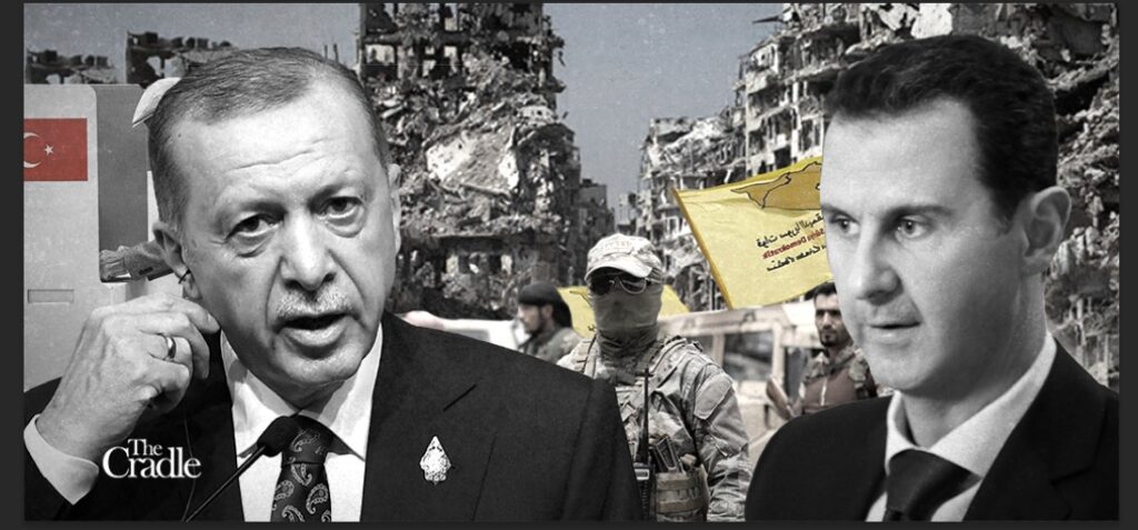 Turkish President Recep Tayyip Erdoğan (left) and Syrian President Bashar al-Assad (right), with scenes from the war in Syria in the background. Photo: The Cradle.