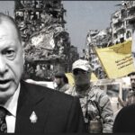 Turkish President Recep Tayyip Erdoğan (left) and Syrian President Bashar al-Assad (right), with scenes from the war in Syria in the background. Photo: The Cradle.