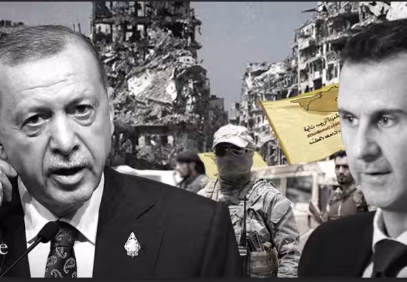 Turkish President Recep Tayyip Erdoğan (left) and Syrian President Bashar al-Assad (right), with scenes from the war in Syria in the background. Photo: The Cradle.