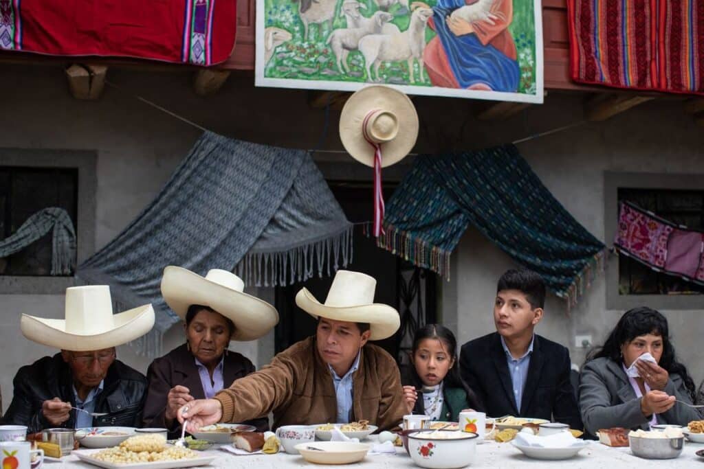 Pedro Castillo with his family in Chota, Perú, in June 2021. Photo: Angela Ponce/Getty Images.