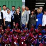 Hillary Clinton, Secretary of State, and former president Bill Clinton at opening of garment factory in Haiti on October 22, 2012. Photo: Getty Pool/Black Agenda Report.