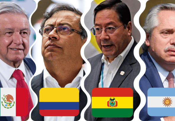 Montage of signatories of the statement in support of President Castillo with their respective country flags. From left to right: Presidents Andrés Manuel López Obrador, Gustavo Petro, Luis Arce and Alberto Fernández. Photo: Orinoco Tribune.