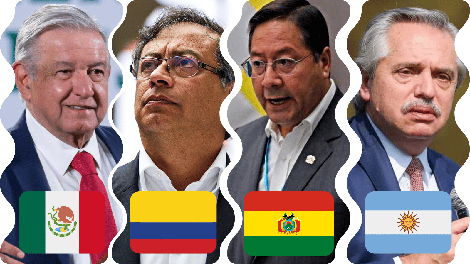 Montage of signatories of the statement in support of President Castillo with their respective country flags. From left to right: Presidents Andrés Manuel López Obrador, Gustavo Petro, Luis Arce and Alberto Fernández. Photo: Orinoco Tribune.