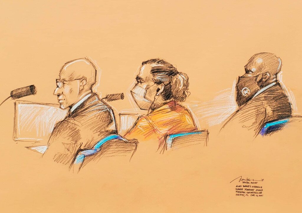 Sketch of Alex Saab’s first hearing in Miami, Florida, December, 2021. Drawing by Daniel Pontent via Reuters.