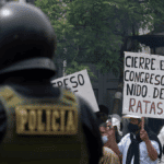 Pedro Castillo supporters protesting near the Peruvian Congress and calling it a rat nest. Photo: AFP.