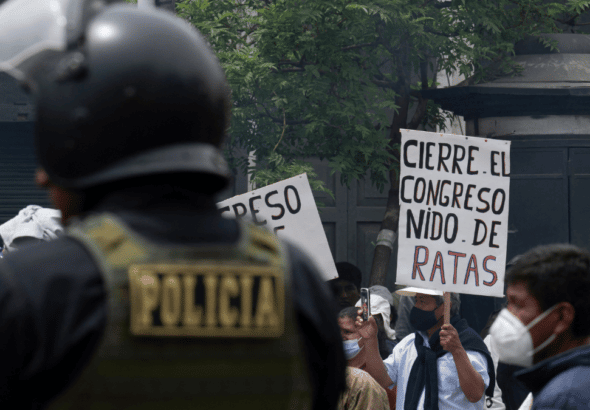 Pedro Castillo supporters protesting near the Peruvian Congress and calling it a rat nest. Photo: AFP.