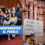 Montage showing Peruvian congressmembers celebrating after ousting President Pedro Castillo (left) and people in the streets protesting against the removal of the democratically elected president (right). Photo: Wayka.