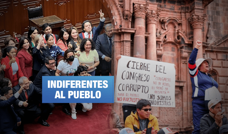 Montage showing Peruvian congressmembers celebrating after ousting President Pedro Castillo (left) and people in the streets protesting against the removal of the democratically elected president (right). Photo: Wayka.