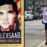 Photo composition showing a #FreeAlexSaab banner (left) and a US activist holding a banner that reads "Free Alex Saab, Kidnapped for buying food for the hungry," (right). Photo: COHA.