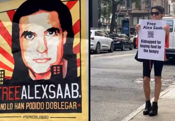 Photo composition showing a #FreeAlexSaab banner (left) and a US activist holding a banner that reads "Free Alex Saab, Kidnapped for buying food for the hungry," (right). Photo: COHA.