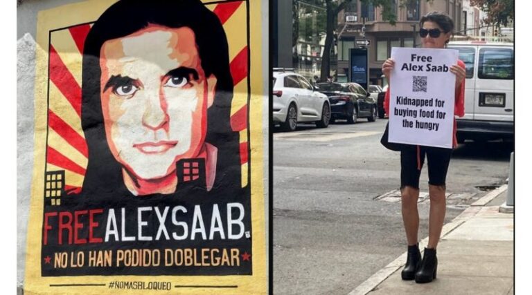 Photo composition showing a #FreeAlexSaab banner (left) and a US activist holding a banner that reads "Free Alex Saab, Kidnapped for buying food for the hungry," (right). Photo: COHA.