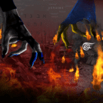 Two talon-like hands over a scene of destruction, representing Israel and Ukraine. Photo: Al Mayadeen.