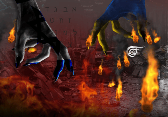 Two talon-like hands over a scene of destruction, representing Israel and Ukraine. Photo: Al Mayadeen.