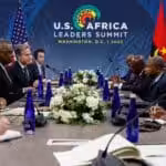US Secretary of State Antony BIinken and US Defense Secretary Lloyd Austin (center left) meet with African representatives at the US Africa Leaders Summit on December 13, 2022. Photo: AP/Evelyn Hockstein.