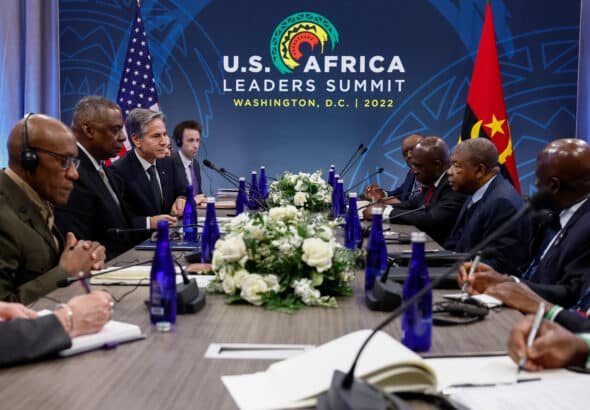 US Secretary of State Antony BIinken and US Defense Secretary Lloyd Austin (center left) meet with African representatives at the US Africa Leaders Summit on December 13, 2022. Photo: AP/Evelyn Hockstein.