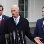 Senator Rick Scott giving statements to the press outside the White House, escorted by Senator Marco Rubio and Florida Governor Ron DeSantis. Photo: Phil Ammann.