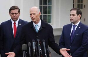 Senator Rick Scott giving statements to the press outside the White House, escorted by Senator Marco Rubio and Florida Governor Ron DeSantis. Photo: Phil Ammann.