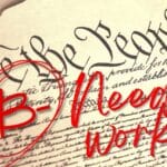 Photo composition showing the US constitution with a “B-, Needs Work” legend overlapped. Photo: Orinoco Tribune.