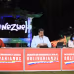 Venezuelan President Nicolas Maduro during a televised address, escorted by Deputy Diosdado Cabello and Vice President Delcy Rodríguez. Photo: Presidential Press.