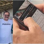 Left: Gheith Najjar (white t-shirt) at Qatar 2022 World Cup. Right: A screen shot of an Israeli's mobile captured as he was sharing Najjar's image at Qatar 2022 World Cup. Photo: Countercurrents.org