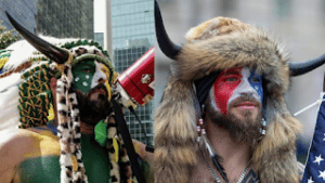 Photo composition with the images of two iconic protestors in the storming of Capitols in Brasilia (left) and Washington D.C. (right). Photo: Orinoco Tribune.