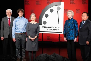 The Doomsday Clock update is unveiled at the National Press Club in Washington, D.C., on Jan. 24. Photo: Jamie Christiani/Bulletin of the Atomic Scientists.