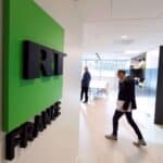 File photo shows the logo of RT France at the studios of the Russian broadcaster during a press visit in Boulogne-Billancourt, near Paris. Photo: Reuters.