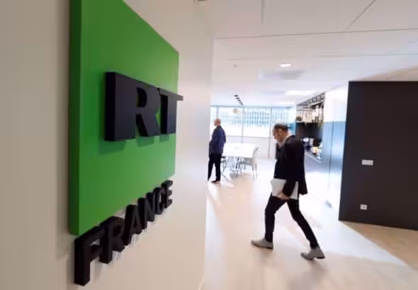 File photo shows the logo of RT France at the studios of the Russian broadcaster during a press visit in Boulogne-Billancourt, near Paris. Photo: Reuters.