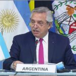 The president of Argentina, Alberto Fernández, giving his speech after receiving the pro tempore presidency of the CELAC, September 2021, Mexico City. Photo: Foreign Affairs Ministry of Argentina.