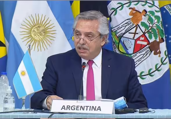 The president of Argentina, Alberto Fernández, giving his speech after receiving the pro tempore presidency of the CELAC, September 2021, Mexico City. Photo: Foreign Affairs Ministry of Argentina.