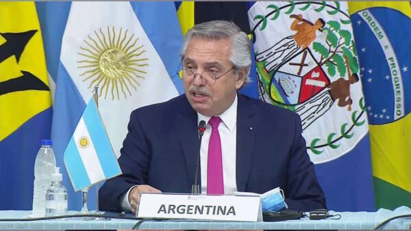 The president of Argentina, Alberto Fernández, giving his speech after receiving the pro tempore presidency of the CELAC, September 2021, Mexico City. Photo: Foreign Affairs Ministry of Argentina.