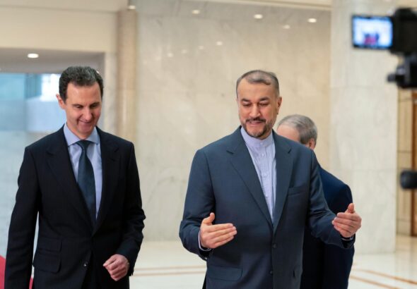 Syrian President Bashar Al-Assad and Iranian Foreign Minister Hussein Amir Abdollahian, in Damascus, Syria, on January 14, 2023. Photo: SANA.