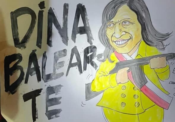 Protest banner showing a caricature of Boluarte holding a machine gun next to a caption that reads "Dina Balearte." Photo: Twitter/@renato_2026.