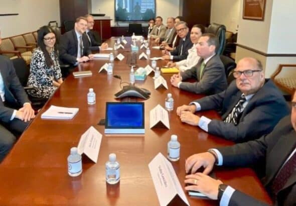 Members of the opposition Unitary Platform meeting with James Story and his team. Photo: @WHAAsstSecty/Twitter.