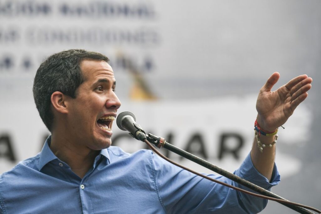 Juan Guaidó speaking at a news conference in Caracas, Venezuela, September 29, 2021. Photo: Carolina Cabral/Bloomberg.