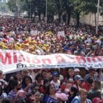 Venezuelan teachers hold a banner that reads "Mission Robinson, In Defense of the Homeland" during a march supporting the Bolivarian Revolution and President Nicolás Maduro, in Caracas, Saturday, January 14, 2023. Photo: Últimas Noticias.