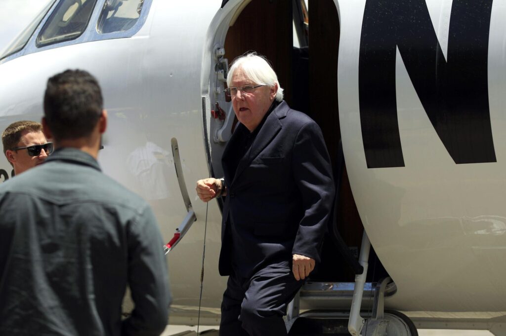 Martin Griffiths, then UN special envoy for Yemen, disembarks from a plane upon his arrival at Sanaa's international airport in Yemen on June 2, 2018. Photo: Mohammed Huwais/AFP via Getty Images.