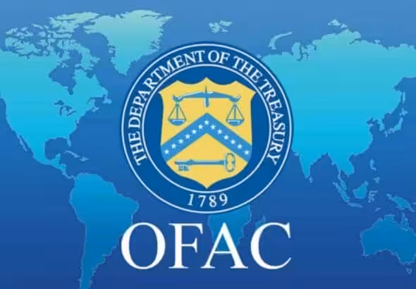 US Treasury Department's OFAC symbol imposed over the world map. File photo.